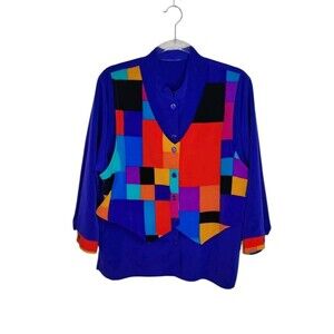 Stunning 90s Vintage Color block Blouse Size Large? See Measurements